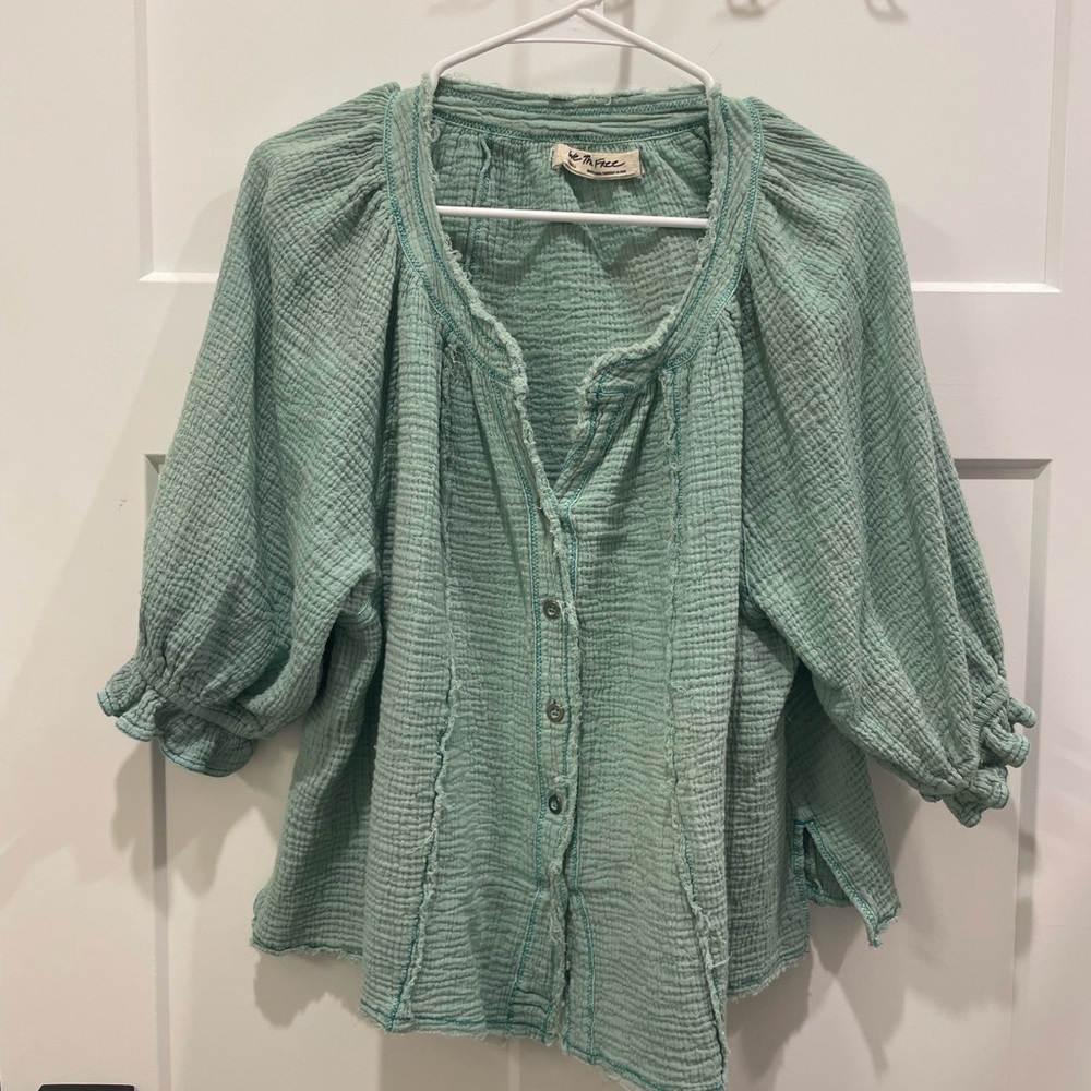 We The Free Mint Green Button-Front Gauze Peasant Blouse
